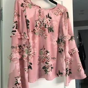 Pink flower print long flutter sleeve blouse